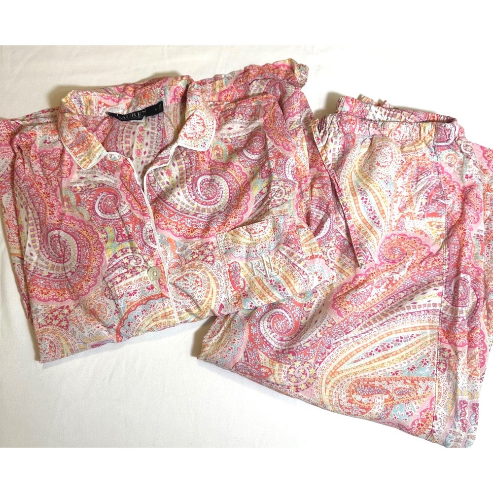Lauren Ralph Lauren Pink Paisley Pajama Set Women's S 3/4 Sleeve Cropped Pant - Picture 3 of 10